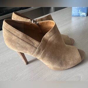 Audrey Brooke Tan Suede Peep-Toe Heel Booties